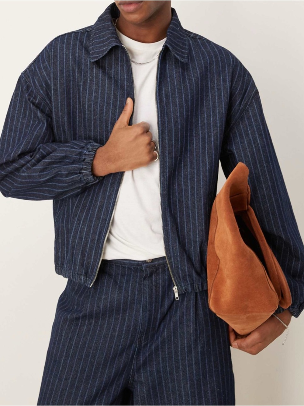 Men's Navy Pinstripe Zip-Up Jacket and Pant set